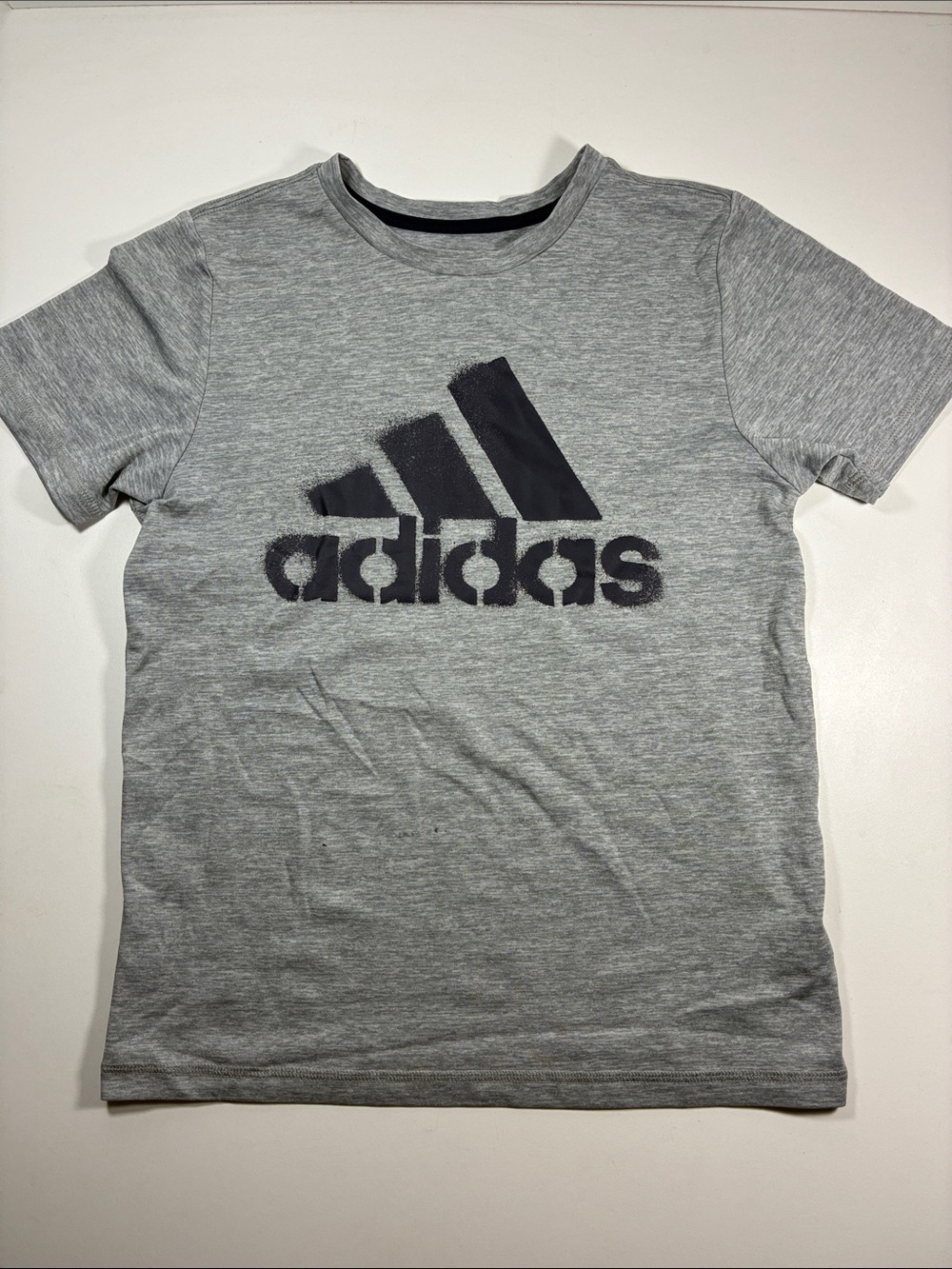 Adidas Heather Grey Tee with Dark Navy Logo - Kids Short Sleeve, size S